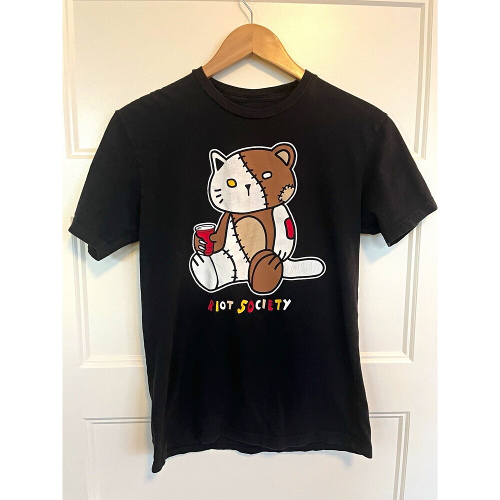 Riot Society Men's Black Cat Graphic Print Crew Neck Short Sleeve T-Shirt Small